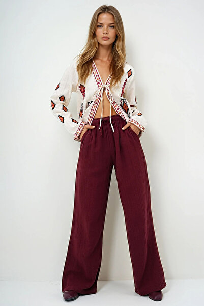 VAGGON Women's Burgundy Double Pocket Elastic Waist Muslin Linen Trousers Prmx13992