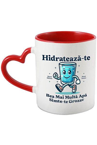 StoryGift Romania Cana pahar cu apa zambaret hidrateaza-te , 330ml, Ceramica cu Maner Inima Rosie, Cu Maner Inima