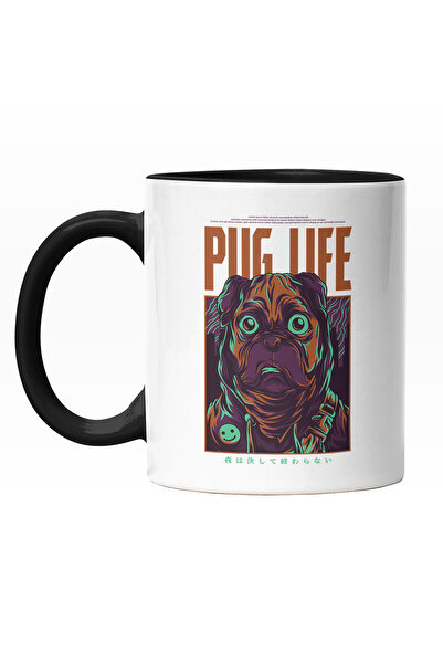 StoryGift Romania Cana Cu Portret Caine Pug Cu Gluga Smiley Face Hanorac, Animal Blanos, Text IN E, Cu Maner Negru