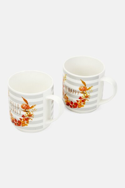 Creative Tops 2 Pieces Be Happy and Hello Lovely Fine china Stacking Mug 300 ml, Grey