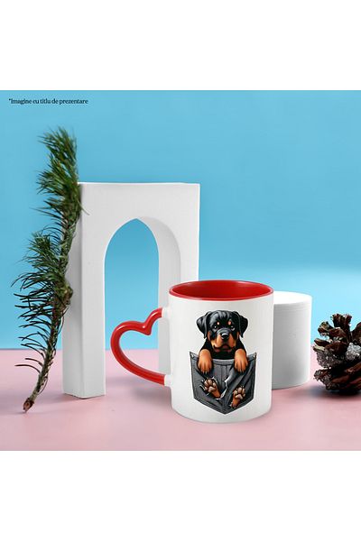StoryGift Romania Mug with a Rottweiler puppy sitting in a pocket | broken | "innocent" look, With ,STG