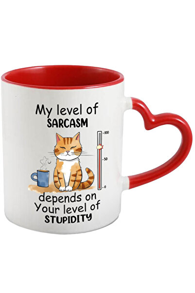 StoryGift Romania Cana cu pisica cu mesajul "My level of sarcasm depends on your level of stupidit, Cu Maner Inim