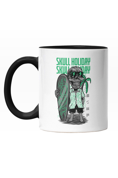 StoryGift Romania Cana Cu Portret Personaj Schelete Craniu Om Cu Placa De Surff In Tinuta De Vacan, Cu Maner Negru