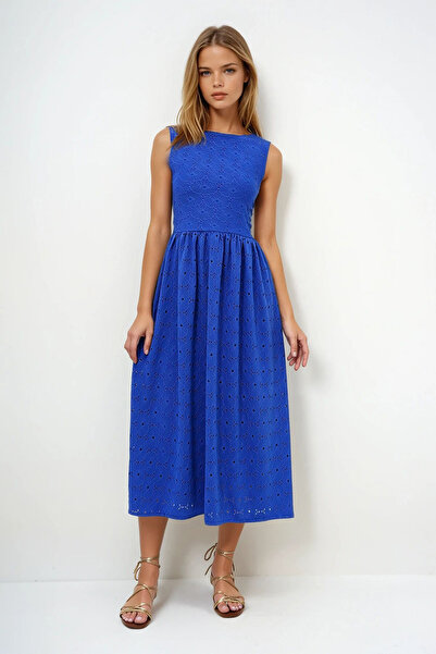 VAGGON Women's Saks Hidden Zipper Sleeveless Premium Guipure Dress Prmx14143