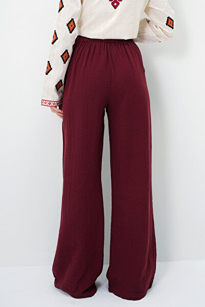 VAGGON Women's Burgundy Double Pocket Elastic Waist Muslin Linen Trousers Prmx13992