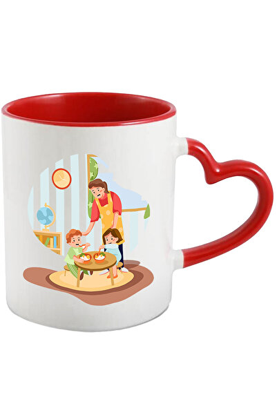 StoryGift Romania Cana Cu Ceas, Parinte, Mancare, Copii, Multicolor 330 ml, Ceramica cu Maner Inim, Cu Maner Inim