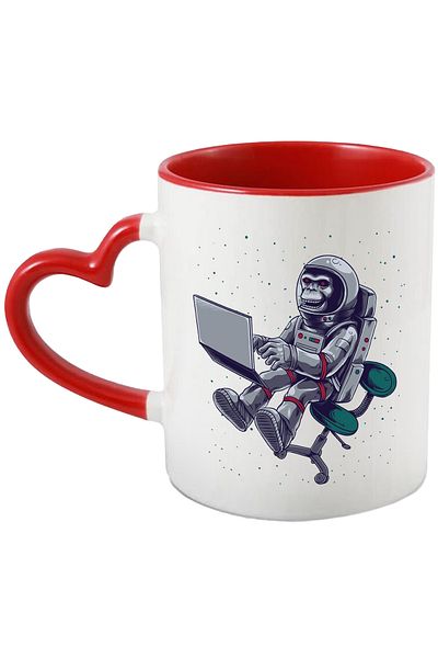StoryGift Romania Cana Cu Maimuta, Spatium Laptop, Astronaut, Multicolor 330 ml, Ceramica cu Maner, Cu Maner Inim