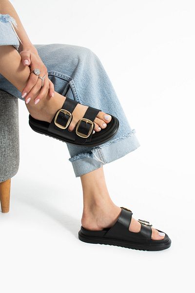 Güllü Shoes Black Vegan Leather Thermo Sole Stylish Women's Slippers with Gold Buckle – Comfortable, Non-Slip, Summer