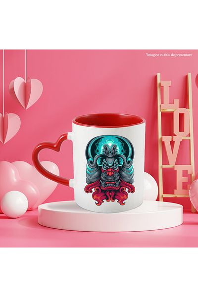 StoryGift Romania Cana Cu Masca, Dragon Chinezesc, Ilustratie, Mitologie, Flacara, Multicolor 330m, Cu Maner Inim