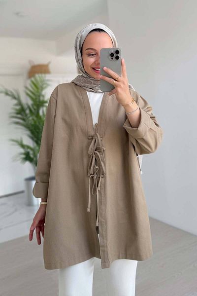 Ka Hijab Μπουφάν Gabardine με δέσιμο μπροστά - Mink