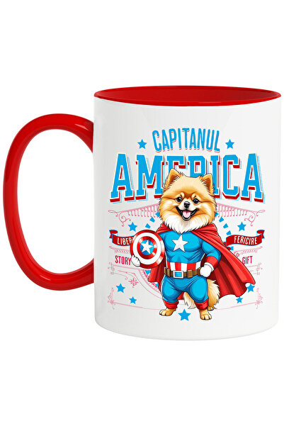 StoryGift Romania Mug with Pomeranian Dog in Captain America Costume with Cape, Night Hero,, With Red Handle