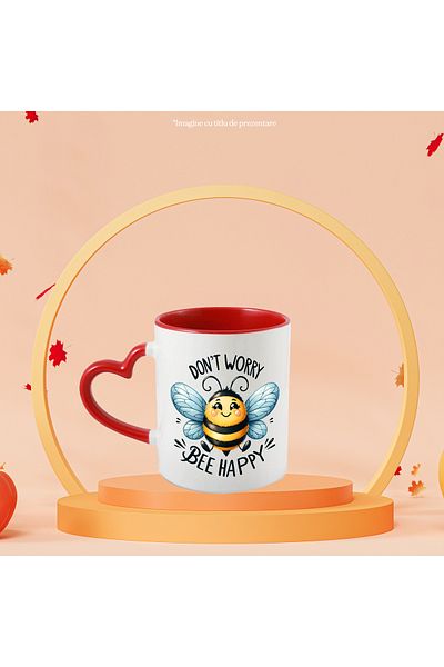 StoryGift Romania Mug with the message "Don't worry, be happy", illustration, motivational, cheerful bee, With ,STG.