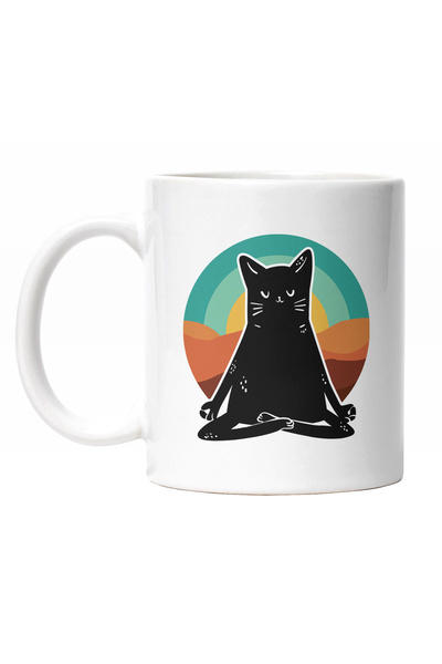 StoryGift Romania Cana Cu Pisica Neagra Stand In Pozitie DE Yoga,Priveliste A...