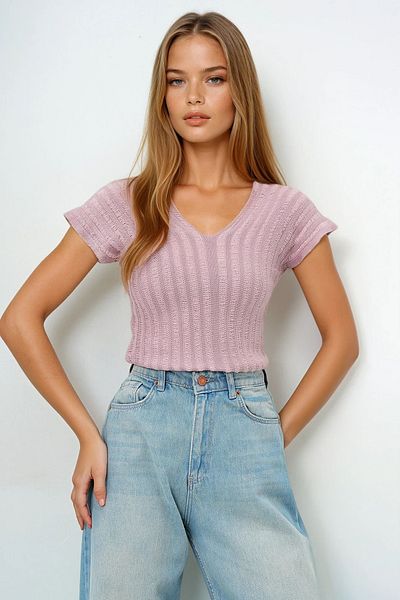 VAGGON Women's Powder Front Back V-Neck Openwork Summer Knitwear Blouse Prmx14147