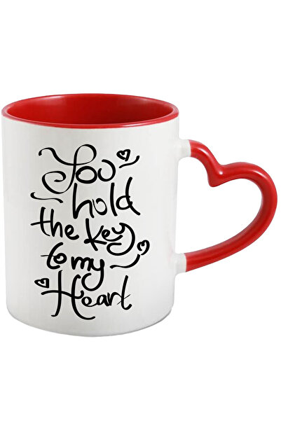 StoryGift Romania Cana Cu Mesaj In Engleza You Hold The Key To My Heart, Inima, Cheie, Cuplu, Alb , Cu Maner Inim