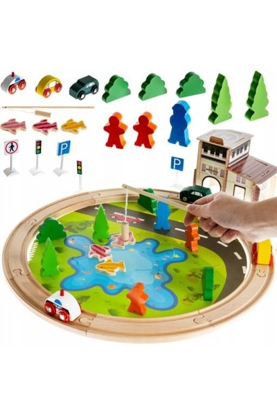 zola Set masinute cu sine din lemn, decor oras, 40 piese, 2 in 1,45x13 cm