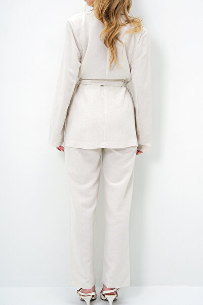 VAGGON Women's Ecru Belt Detailed Linen Jacket and Double Pocket Trousers Set Prmx14061