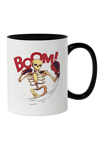 StoryGift Romania Cana Cu Schelete Uman Jucand Box , Text Boom!, Manusi Rosii Mari De Boxing, Iub, Cu Maner Negru