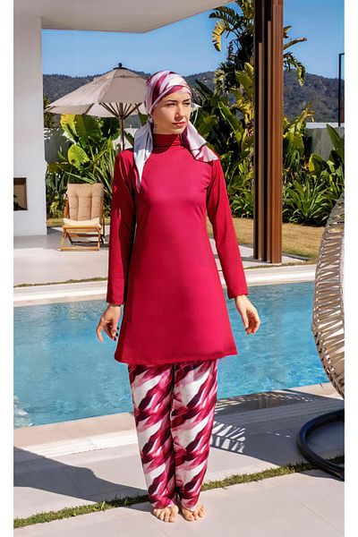 Mayom Fully Covered Patterned Hijab Swimsuit with Loose Trousers - 2535