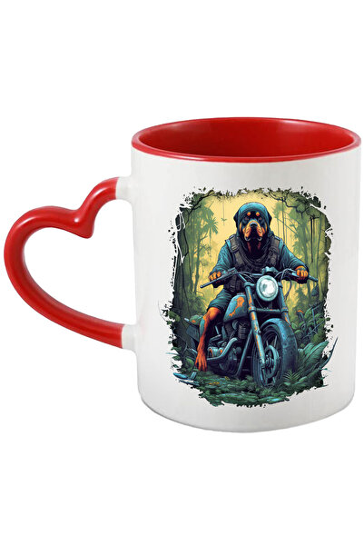 StoryGift Romania Cana cu un caine Rottweiler care sta pe o motocicleta | ilustratie | in padure |, Cu Maner Inim