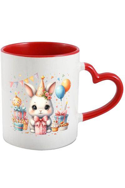 StoryGift Romania Cana cu o iepuroaica vesela | micuta | ilustratie | baloane | cadouri | prajitur, Cu Maner Inim