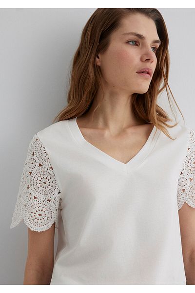 Mavi Embroidery Sleeve Detailed Ecru T-Shirt Standard 1613318-70057