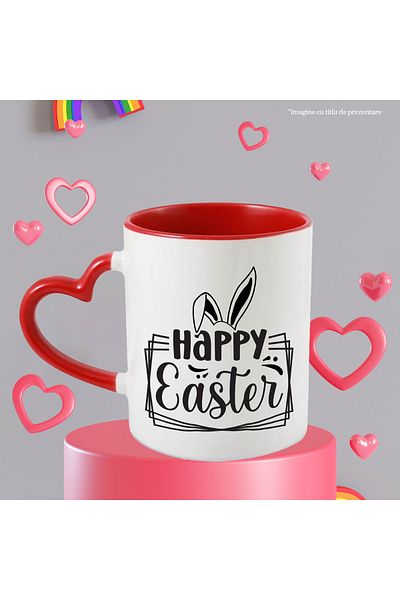 StoryGift Romania Mug with rabbit ears and the text "Happy Easter!" - greeting with Red Heart Handle, With ,STG