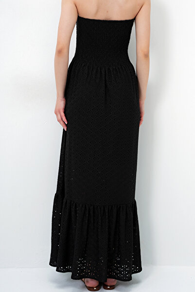 VAGGON Women's Black Guipure Lined Guipure Strapless Dress Prmx14137