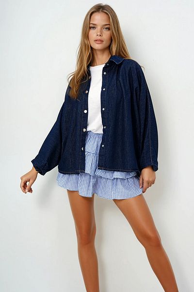 VAGGON Women's Navy Blue Bat Sleeve Snap Closure Oversize Jean Shirt Jacket Prmx13951