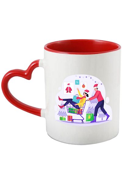 StoryGift Romania Cana Cu Carucior, Costum, Brad, Craciun, Multicolor 330 ml, Ceramica cu Maner In, Cu Maner Inim