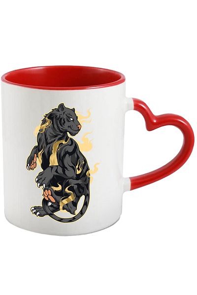 StoryGift Romania Mug With Tiger, Flames, Asian, Multicolor 330 ml, Ceramic with Red Heart Handle, With Heart Handle