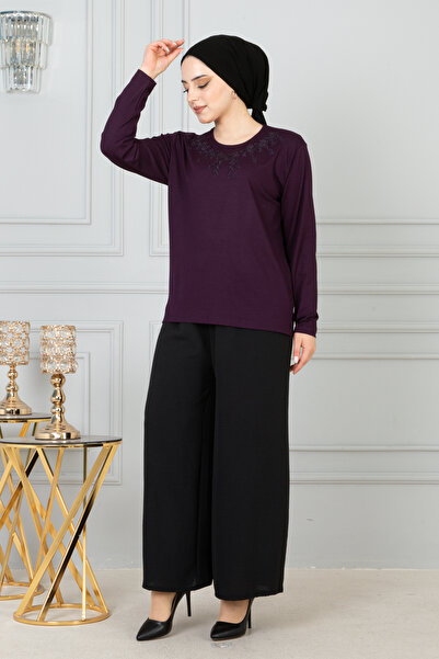 nacar çarşı Women's Purple Long Sleeve Combed Cotton Blouse