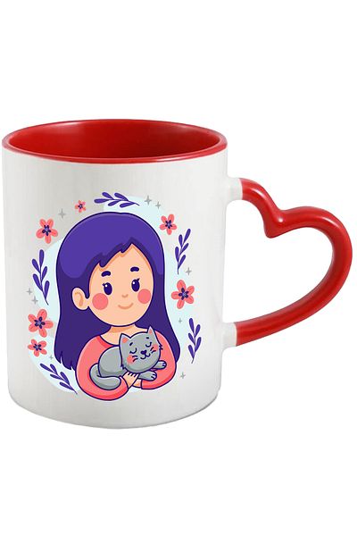StoryGift Romania Cat Mug, Girl, Flowers, Stars, Leaves, Sweatshirt, Animal Lovers, Multicolor, With Heart Handle
