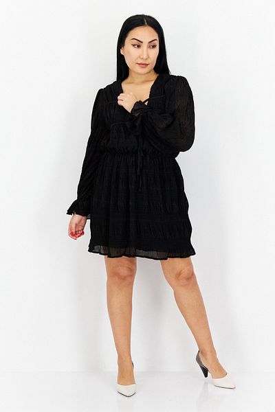NA-KD Women Long Sleeves Pleated Casual Mini Dress, Black