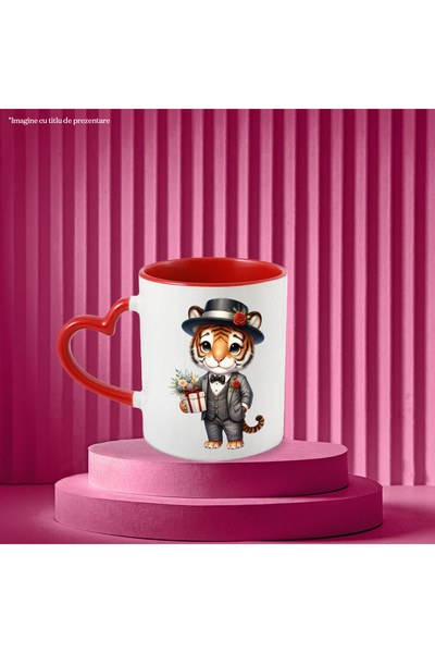 StoryGift Romania Mug with a tiger, illustration, hat, gift, popcorn, gift for girlfriend, Vale, With Heart Handle