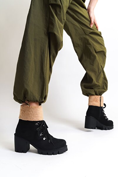 Zerenyus EMMA Lace Up Zippered Orthopedic Heels Γούνινες Λεπτομερείς Γυναικείες Μπότες - Suede Black