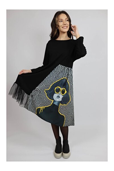 FASHIONLAND ΦΟΡΕΜΑ MIDI ΜΕ ΜΑΚΡΥΜΑΝΙΚΟ ΑΠΟ ΤΟΥΛΙ DIPTYQUE SUN, ΑΣΥΜΜΕΤΡΗΤΟ, Μ...