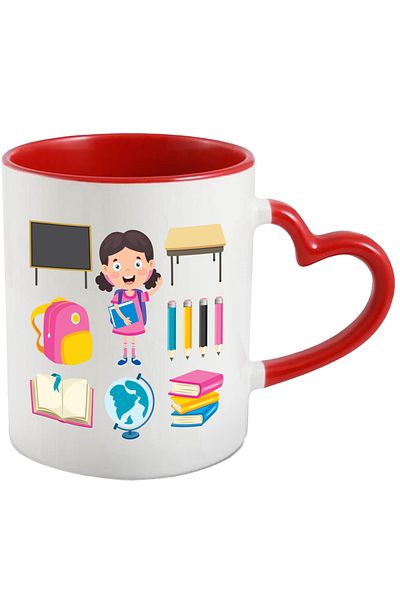 StoryGift Romania Cana Cu Copil, Tabla, Ghiozdan, Rechizite, Glob Pamantesc, Carti, Banca, Multic, Cu Maner Inim