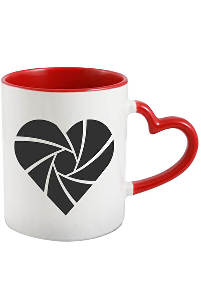 StoryGift Romania Cana cu o inima in forma de obiectiv - aparat de fotografiat cu Maner Inima Rosi, Cu Maner Inim