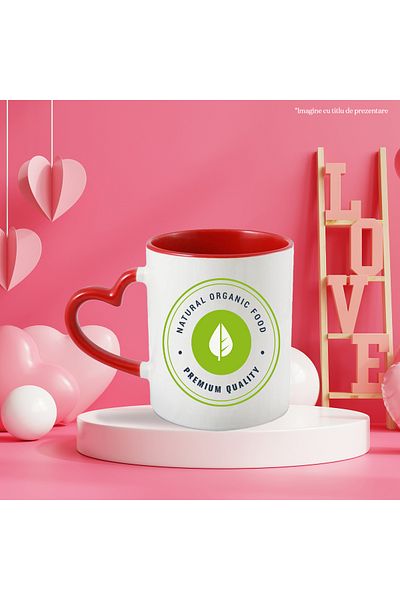 StoryGift Romania Cana Cu Mesaj In Engleza Natural Organic Food, Mancare Bio, Frunza, Cerc, Buline, Cu Maner Inim