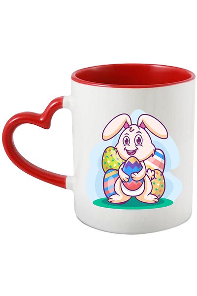 StoryGift Romania Cana Cu Iepure, Oua Decorate, Paste, Sarbatoare, Multicolor 330 ml, Ceramica cu , Cu Maner Inim