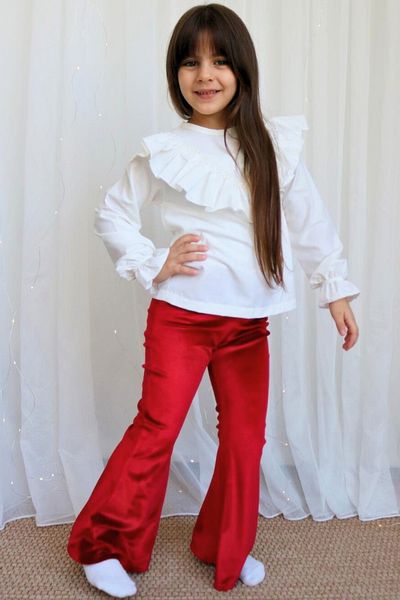 Parla Kids Girl's Spanish Velvet Tights and Trousers Set - Velvet Long Sleeve, Ruffle Body Blouse, Red