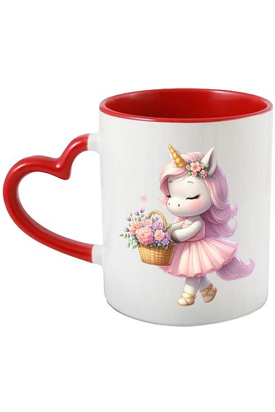 StoryGift Romania Mug with a unicorn holding a basket of flowers, illustration, heart, b dress, With ,STG