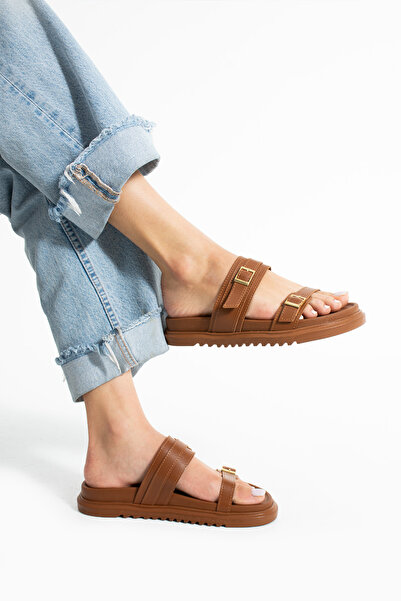 Güllü Shoes Elegant Double Buckle Tan Color Vegan Leather Women's Slippers – Thermo Sole, Non-Slip, Summer Model