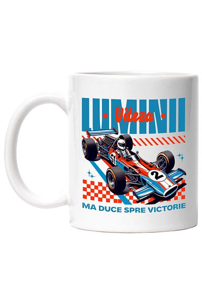 StoryGift Romania Cana cu Masina De Curse Cu Sofer Formula 1 Colorata Text Viteza Luminii Ma duce , Cu Maner Alb