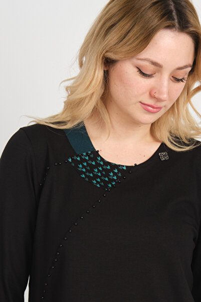 Detay Triko Women's Collar Detailed Beaded Beaded Side Slit Mother Blouse 5725 Black