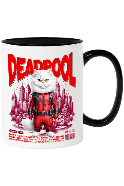 StoryGift Romania Cana cu Persan / persian Pisica In Costum de DeadPool cu Pelerina, Erou Nocturn,, Cu Maner Negru