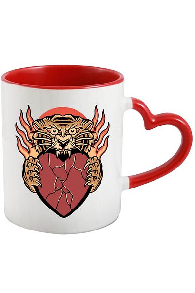 StoryGift Romania Mug With Tiger, Heart, Flames, Bite, Cracks, Claws, Multicolor 330 ml, , With Heart Handle