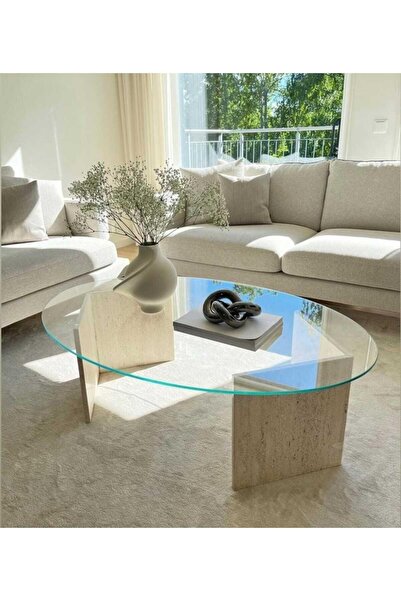 Sümeyra Marble Art TRAVERTEN V AYAKLI ORTA SEHPA- TEMPERLİ CAM-OVAL- 60*110 cm
