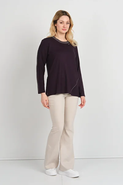 Detay Triko Women's Collar and Single Sleeve Patterned Mother Blouse with Stone Metal Accessories 5714 Plum